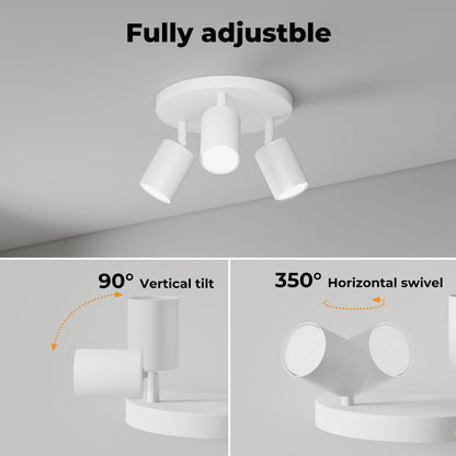EMITTO 3-Way Spotlight Ceiling Light Adjustable GU10 Modern White Round Base