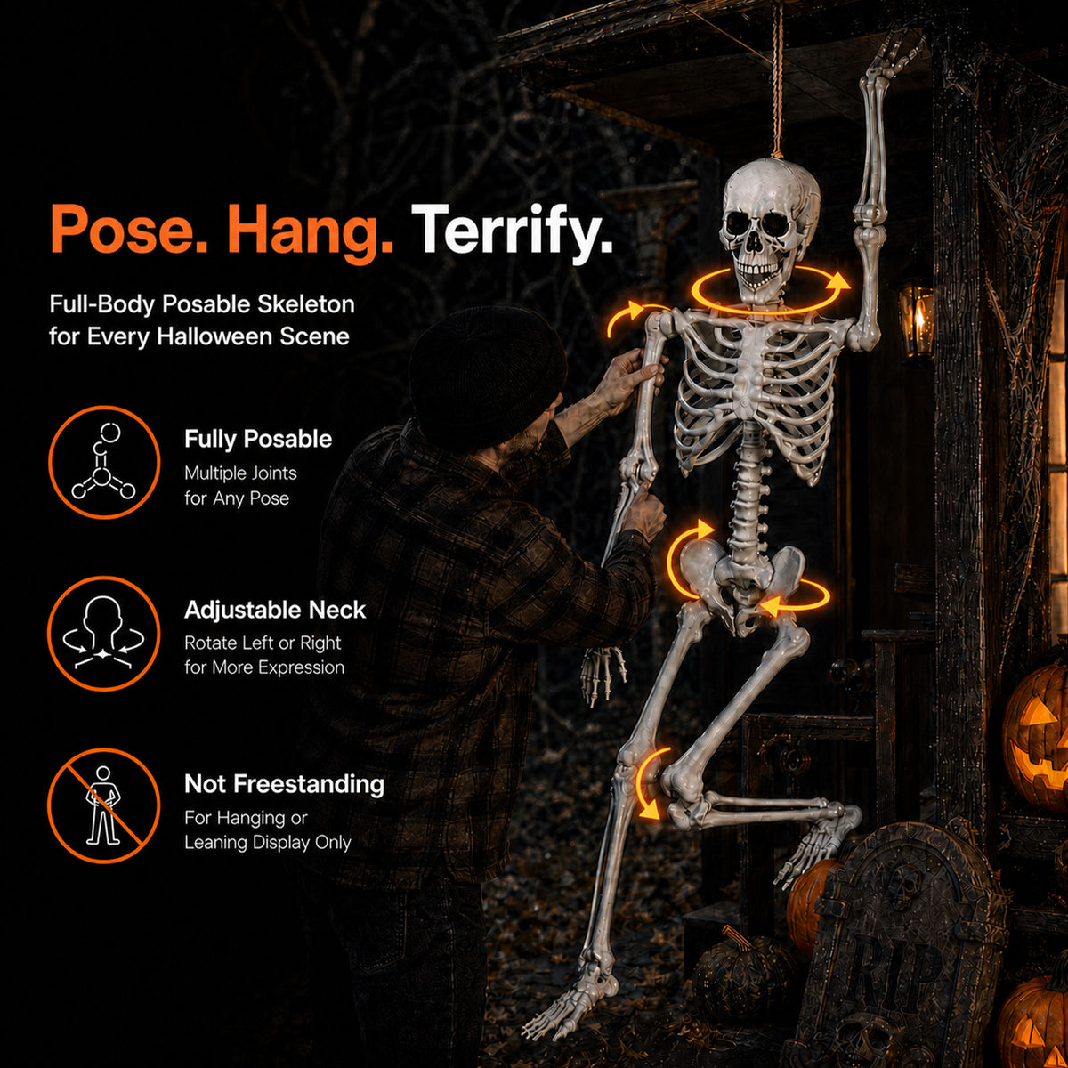 Yezi Halloween Skeleton Life Size 169cm Posable Jointed ABS Spooky Patio White