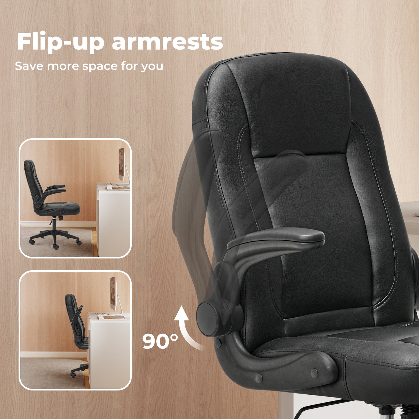 Ergonomic Office Computer Chair PU Leather Swivel Recliner with Flip-Up Armrests