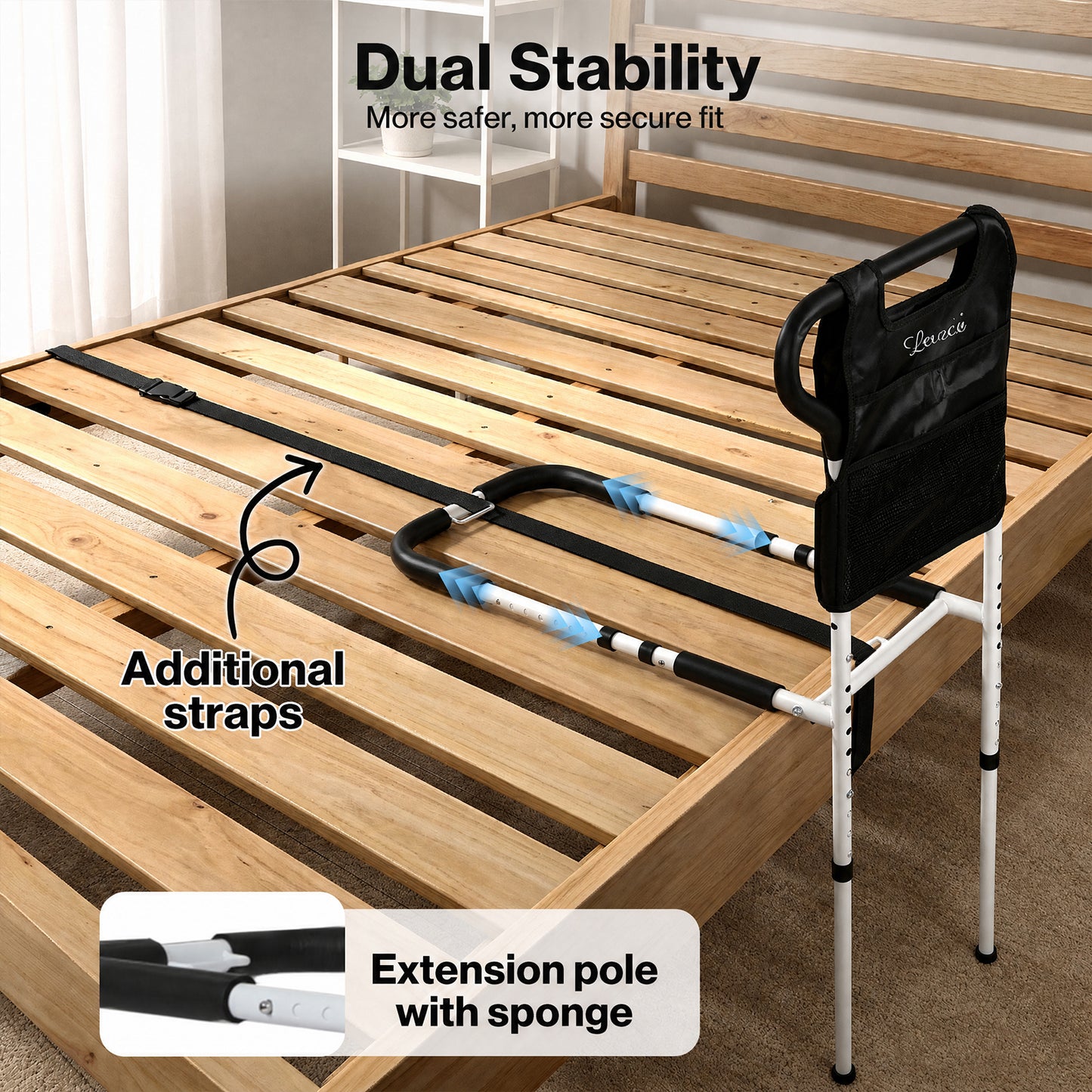 Levede Bed Rail Frame Adjustable Bedside Support Bar Bedroom Handle Storage Bag
