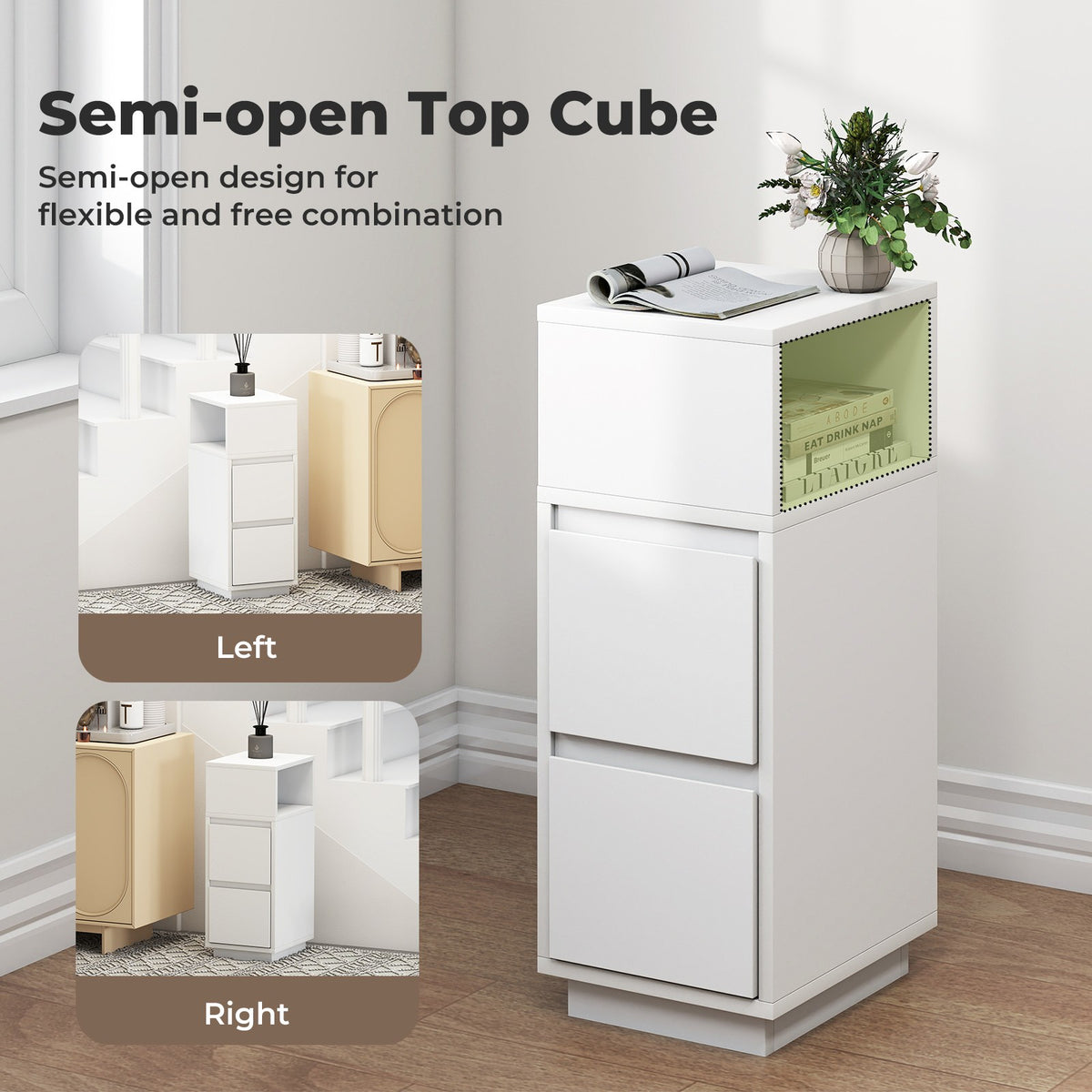 Levede Slim Bedside Table Storage Nightstand with 2 Drawers & Open Shelf White