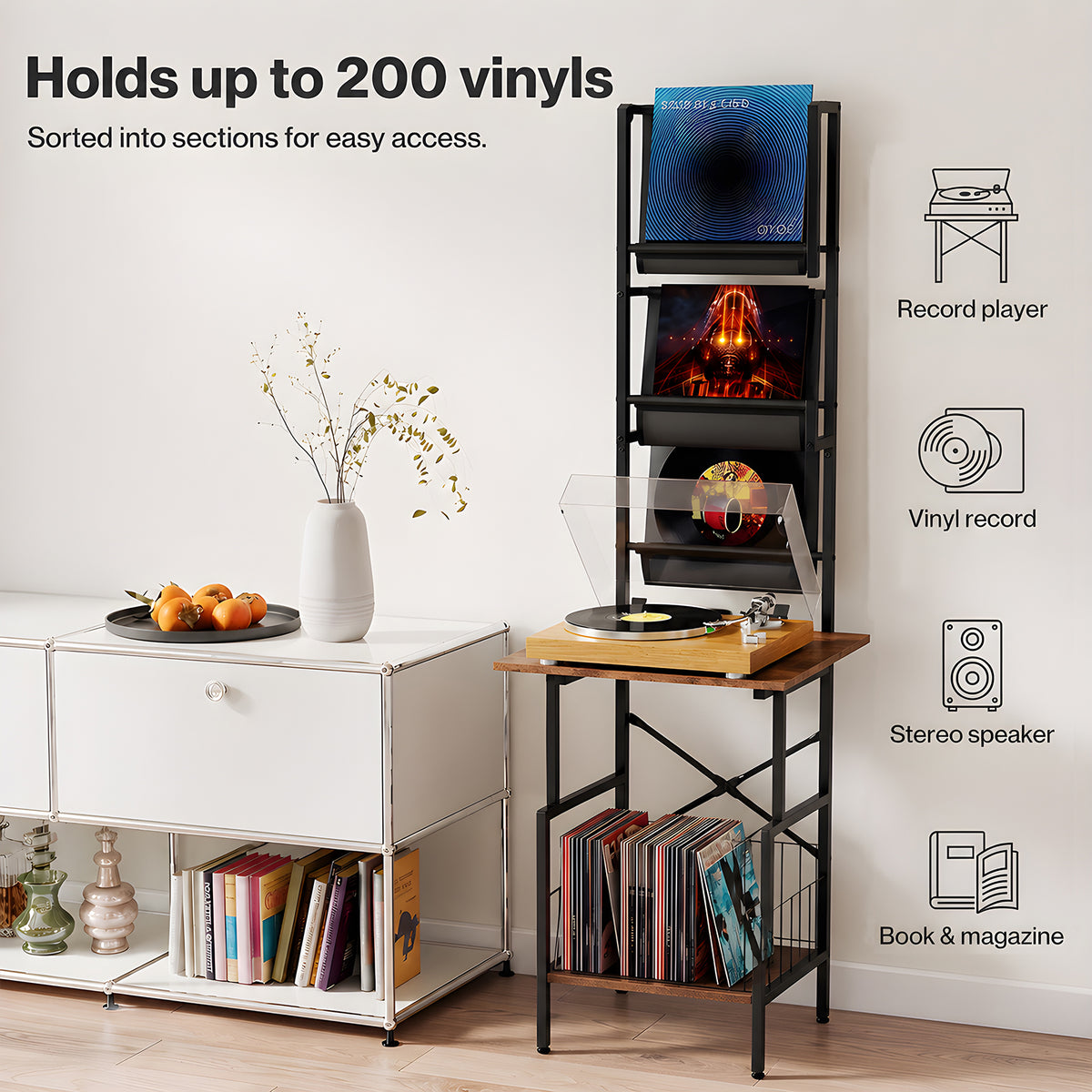 Levede Record Stand Player Display Storage Shelf Cabinet 2 Shelves 3 Racks