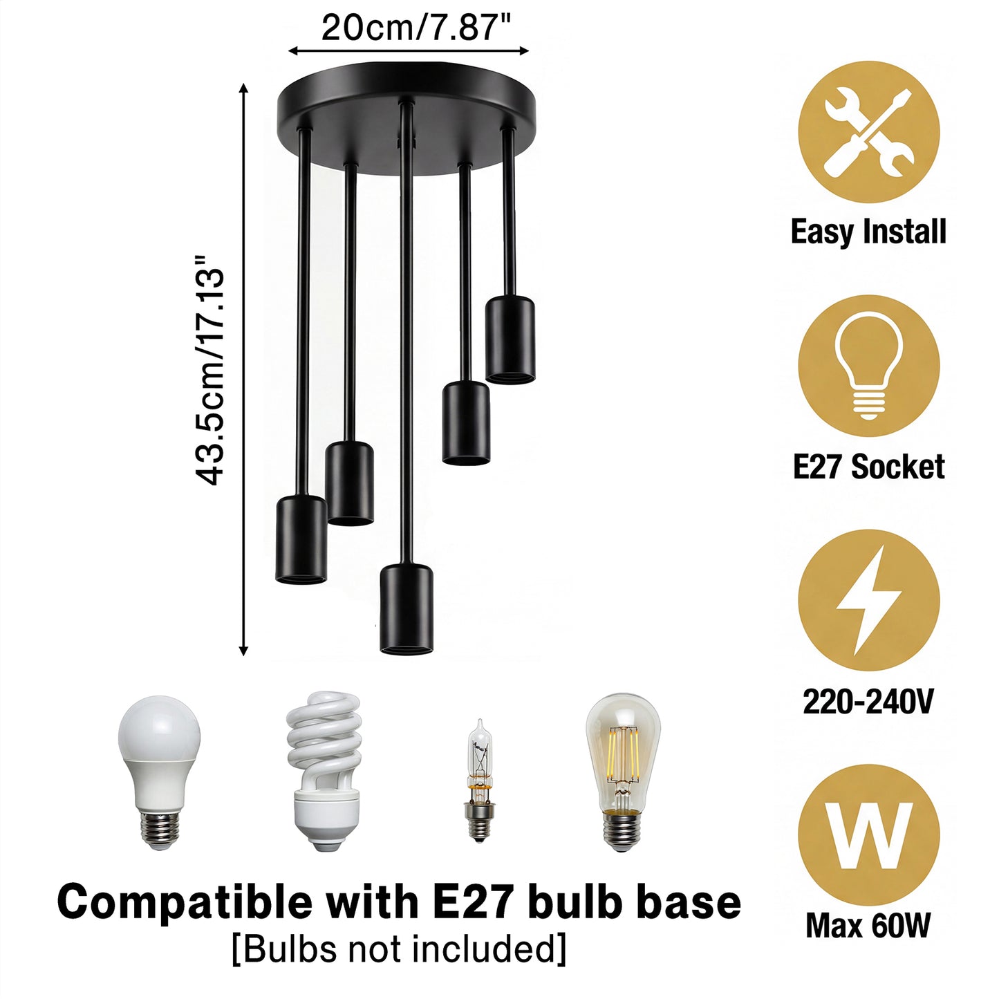 Emitto Ceiling Lights 5 Lights Flush Fitting Pendant Lamp E27 Base Black