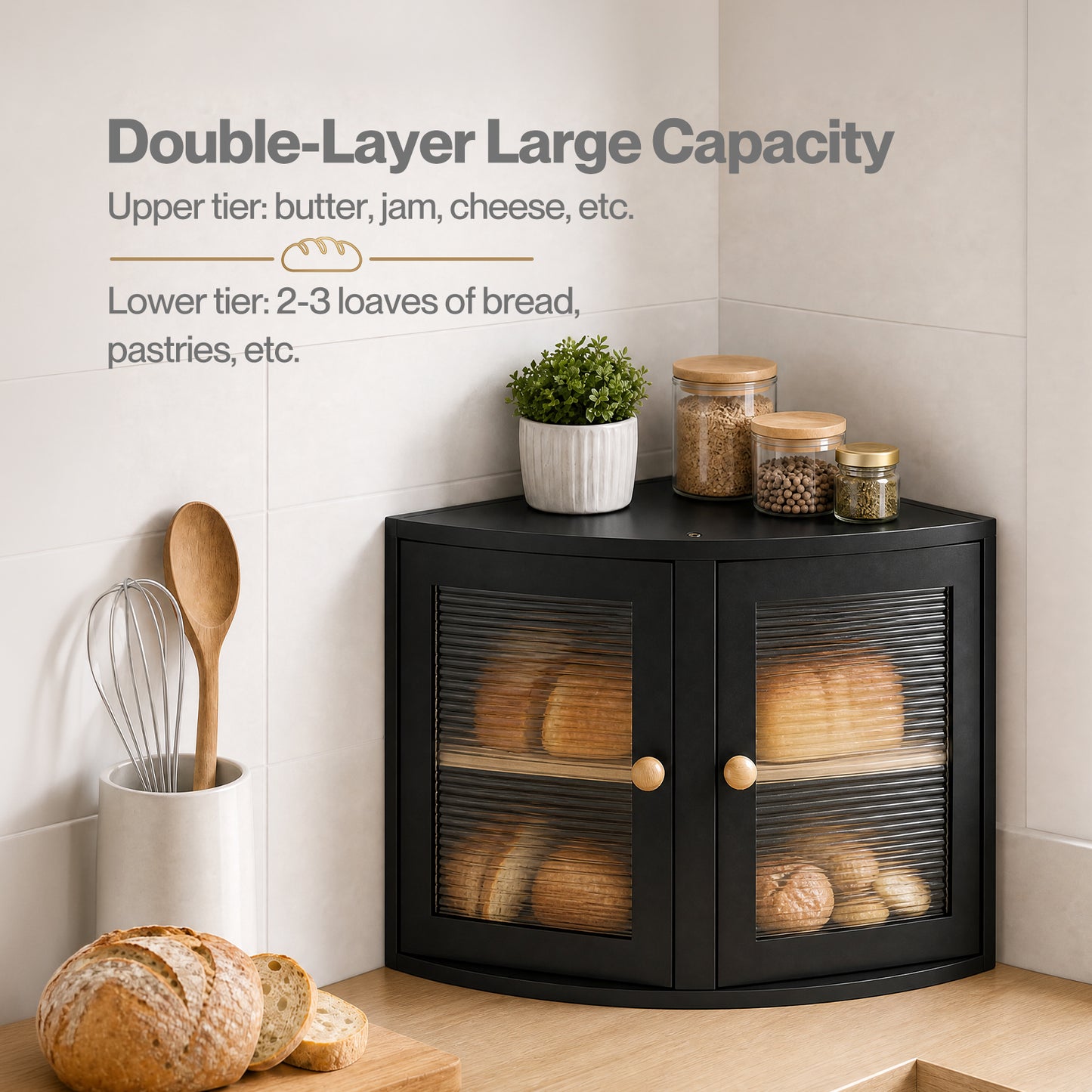 Bread Bin  Corner Bread Bin for Kitchen  Double-Layer Bamboo Box  Black