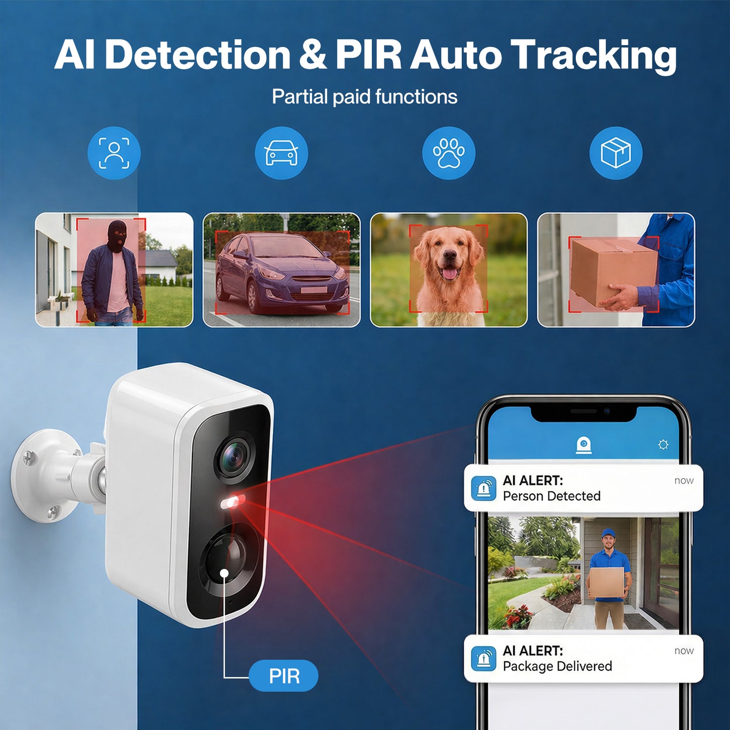 Spector 2K Wireless Security Camera Solar Powered WiFi AI Detection Outdoor PIR