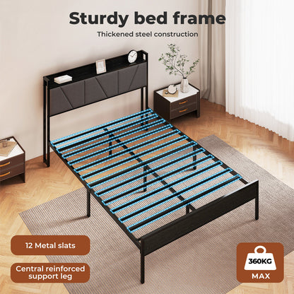 Levede Double Bed Frame Metal Platform Linen Upholstered Headboard with Storage