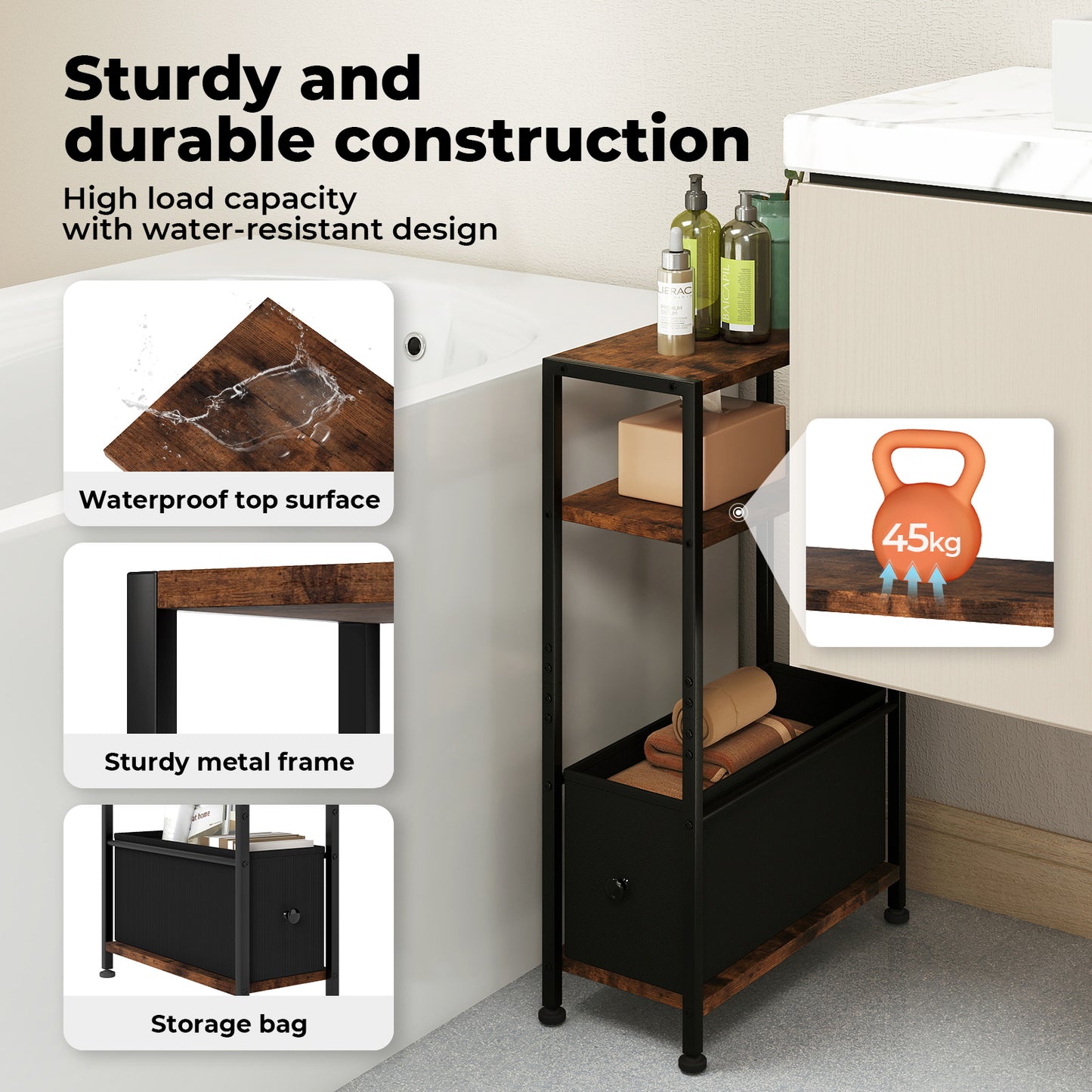 Levede Side End Table Industrial 3 Tier Wooden Oxford Storage Basket Living Room