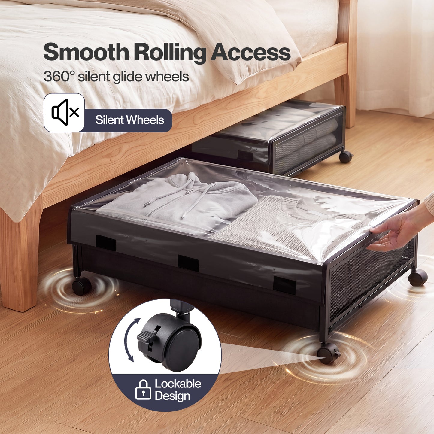 Levede Under Bed Storage Box with Lid Wheels 48L  Metal Frame Black