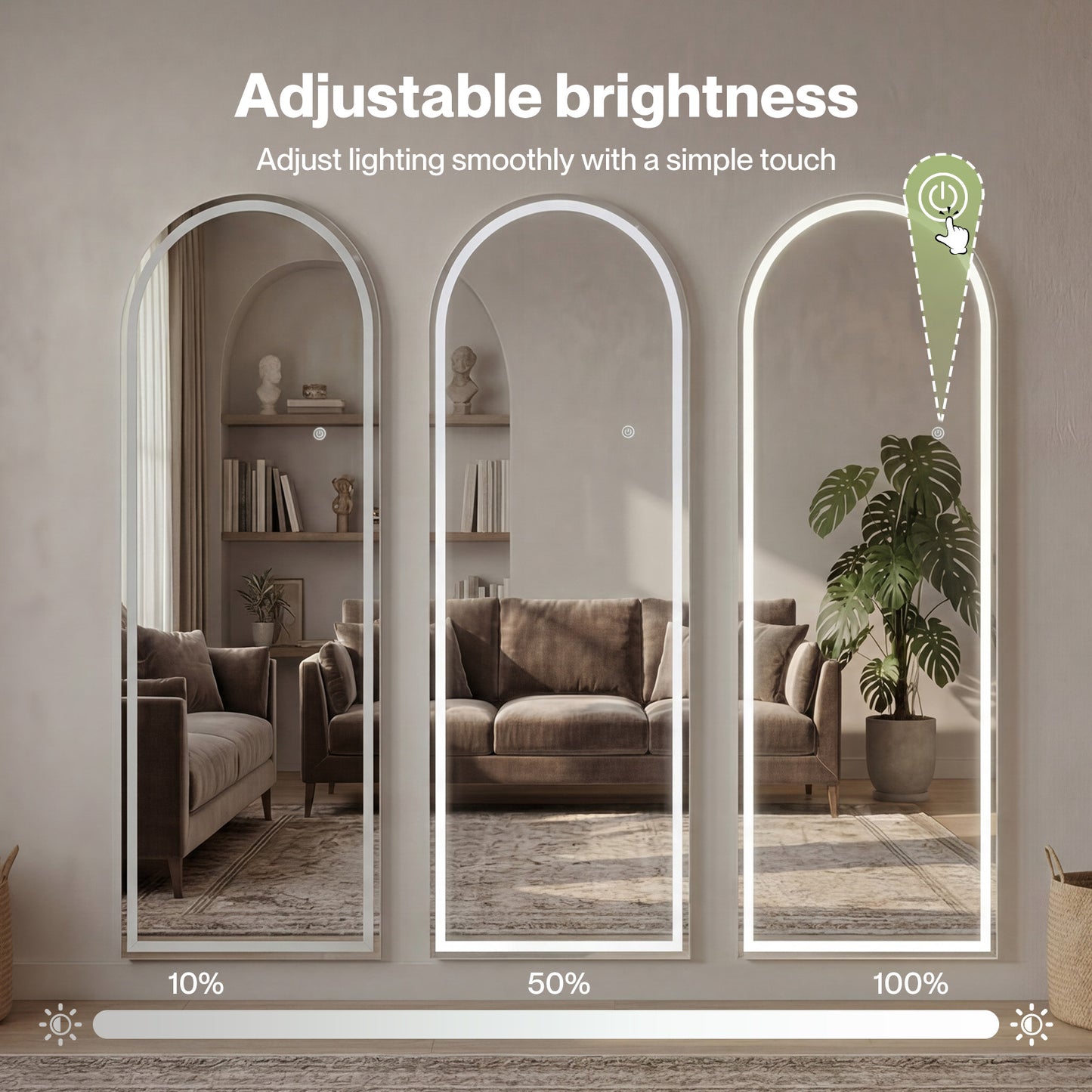 Yezi Full Length Mirror Arched LED Touch Buttons Light-Adjustable 165x60cm White