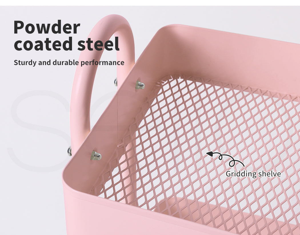 Levede 3 Tiers Kitchen Trolley Cart Steel Storage Rack Shelf Organiser Pink