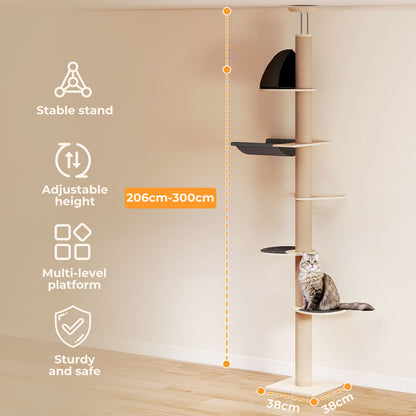 Skylos Floor to Ceiling Cat Tree Adjustable Height 206-300cm 6-Tier Cat Tower