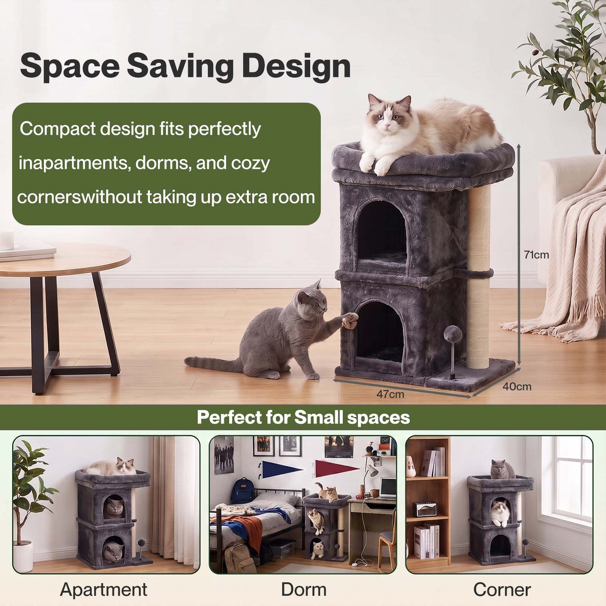 Skylos Cat Tree with Scratching Sisal Post Large Top Perch 2 Condos Dark Grey