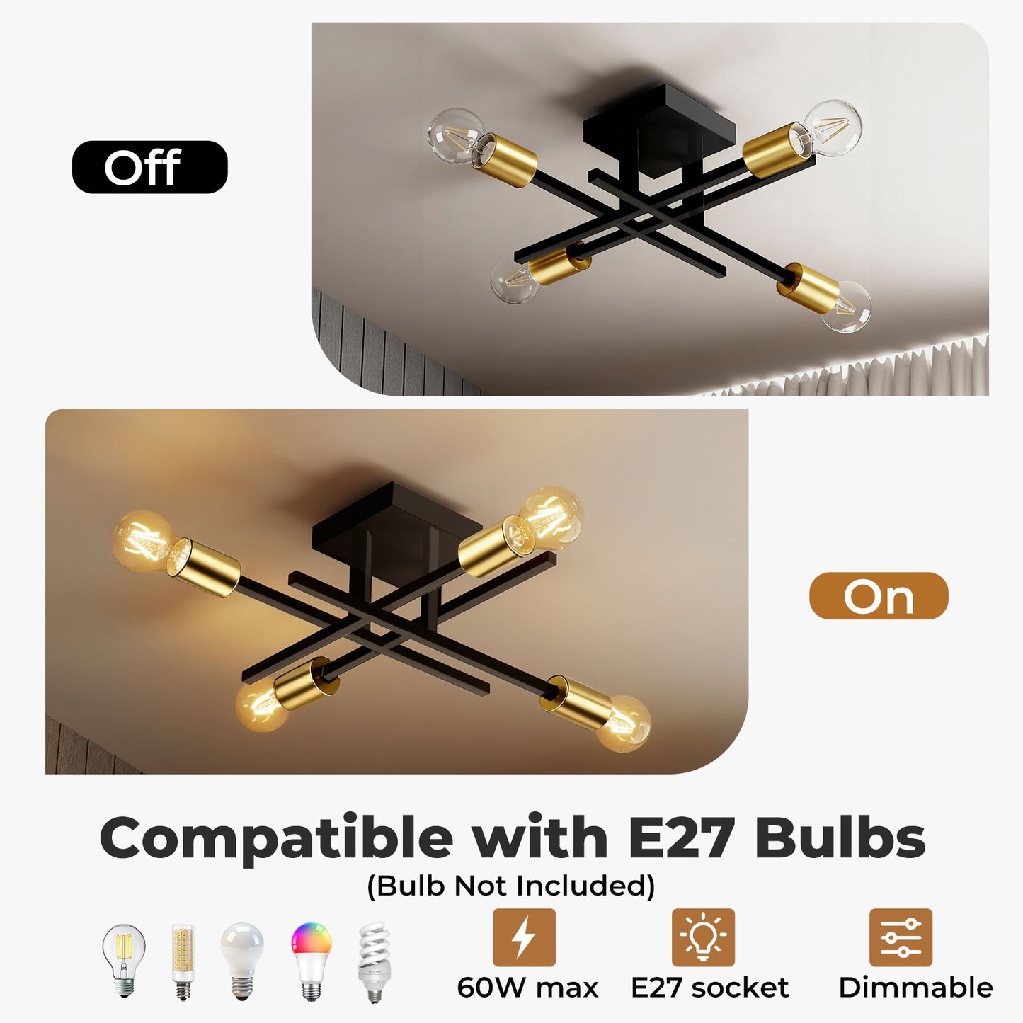 EMITTO Semi Flush Mount Ceiling Light Fixture Matte Black & Gold 4 Light E27