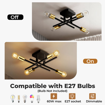 EMITTO Semi Flush Mount Ceiling Light Fixture Matte Black & Gold 4 Light E27
