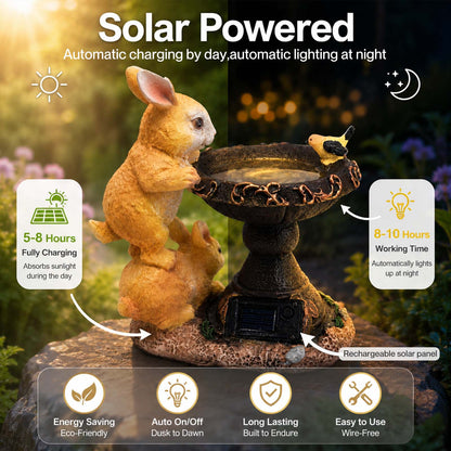 Emitto Garden Ornaments Outdoor Rabbit & Bird Solar Resin Artwork Bath For Patio
