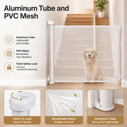 Dekko Retractable Stair Gate One Hand Lock 150cm PVC Mesh For Hallways Grey