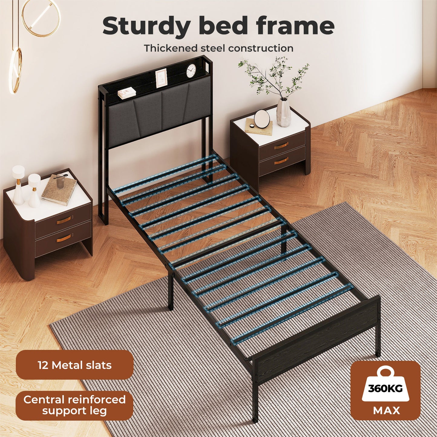 Levede Single Bed Frame Metal Platform Linen Upholstered Headboard with Storage