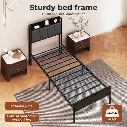 Levede Single Bed Frame Metal Platform Linen Upholstered Headboard with Storage