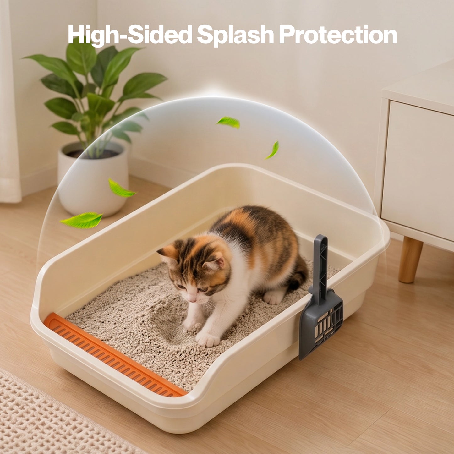 Skylos Cat Litter Tray Spacious High Sided Low Entry Open Pan for Cats Beige