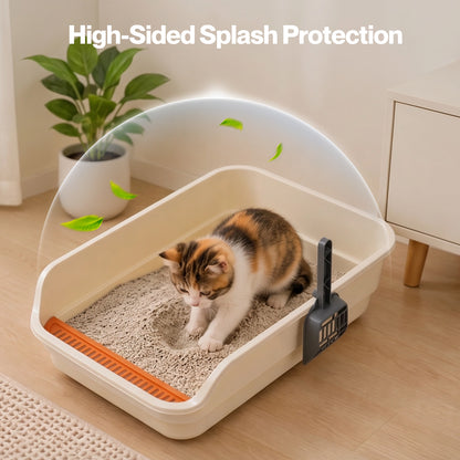 Skylos Cat Litter Tray Spacious High Sided Low Entry Open Pan for Cats Beige