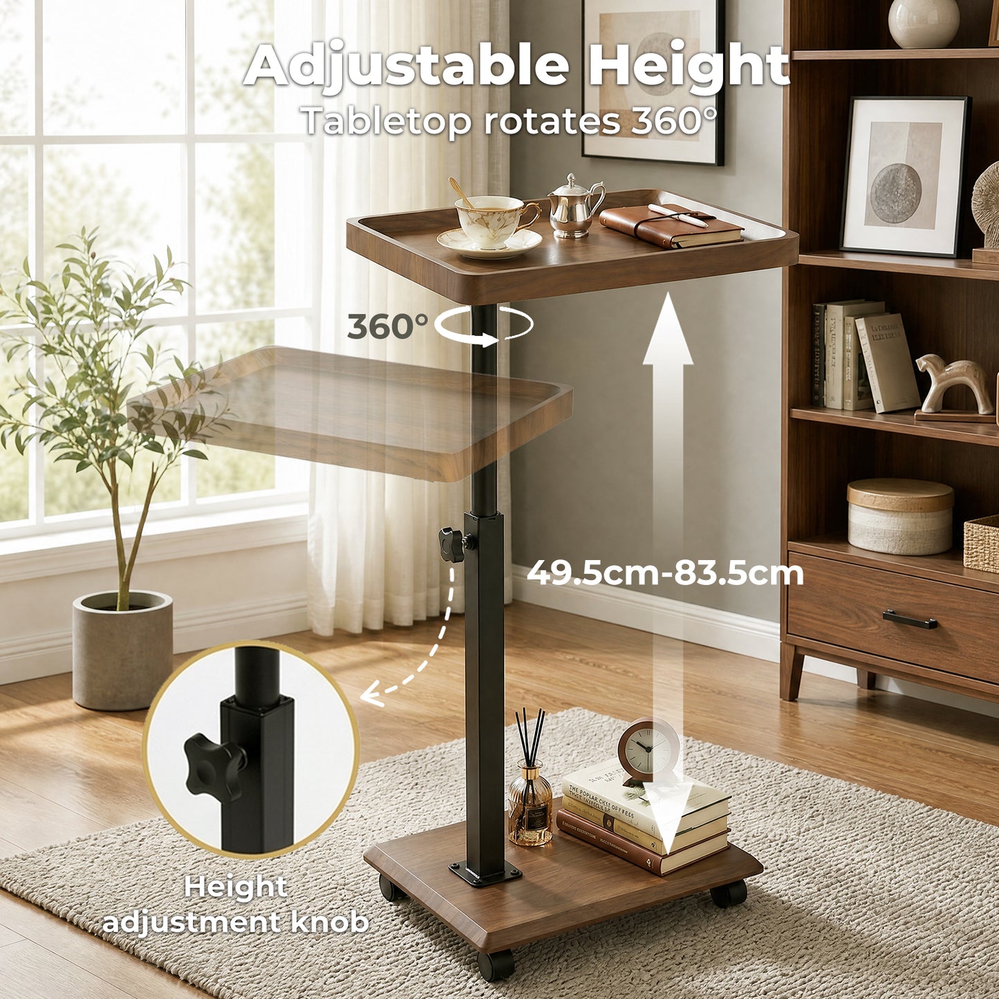 Levede C Shaped Side Table Height Adjustable Rolling 360° Swivel Top End Table