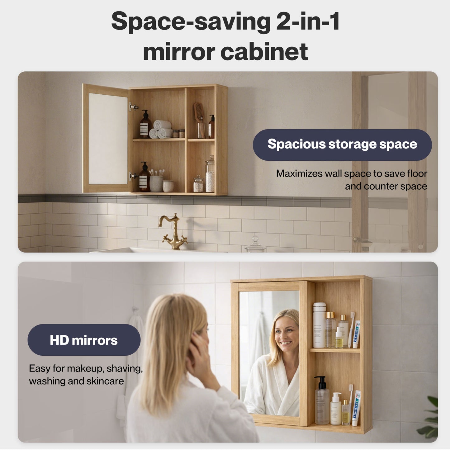 Levede Bathroom Mirror Cabinet Wall Mounted Cupboard with Storage Shelf Oak 56cm