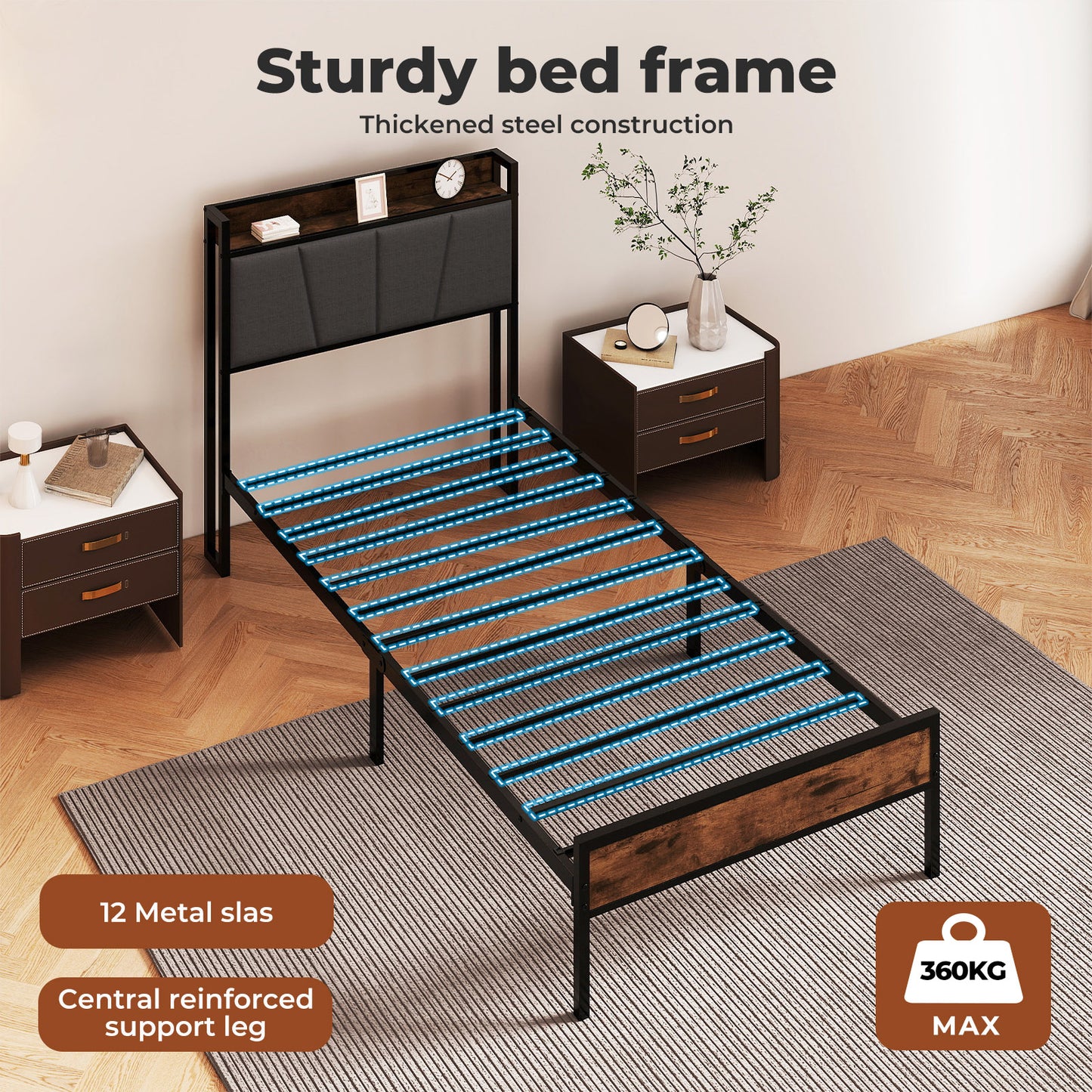 Levede Heavy Duty Single Bed Frame Metal Platform with Storage Headboard 3FT