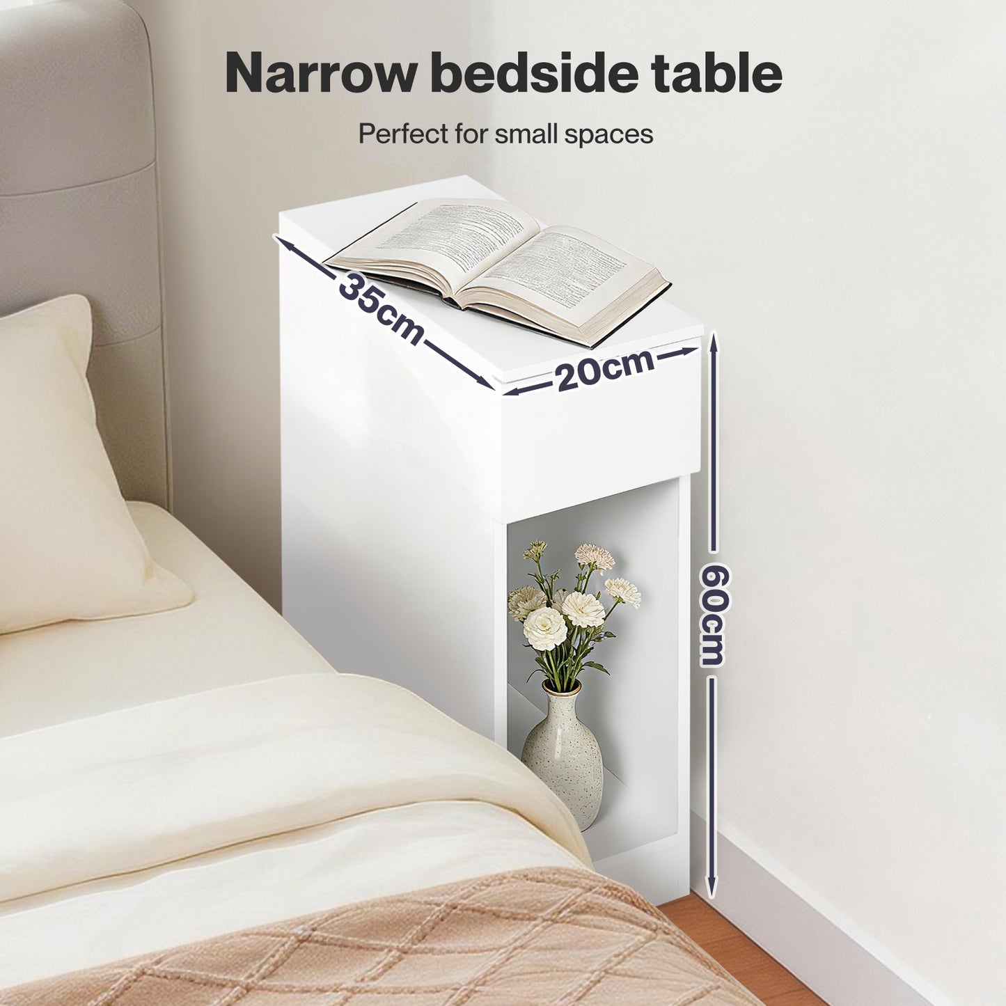Levede Bedside Table Cabinet  Narrow Slim Side Cabinet White Drawer Open Shelf