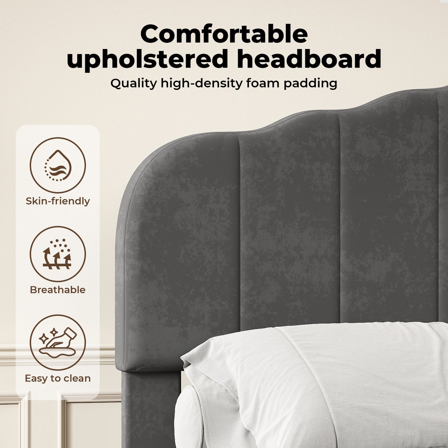 Levede King Upholstered Bed Frame Linen Fabric Platform Base Scalloped Headboard