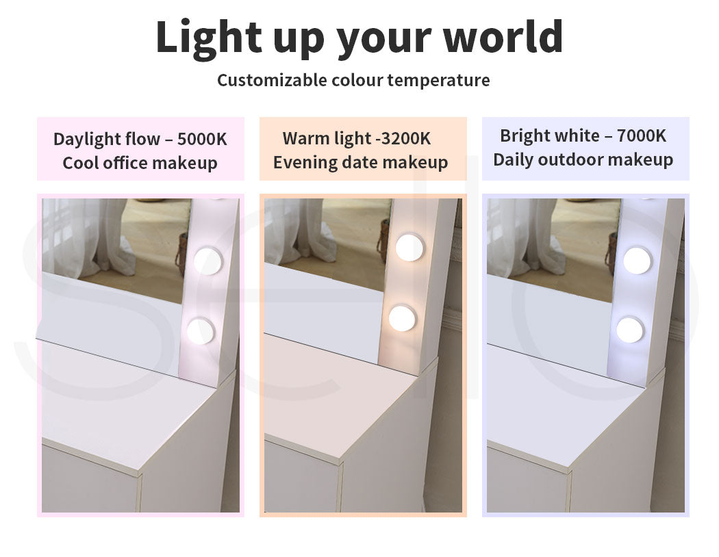 Levede Vanity Makeup Dressing Table White with Led  Light Mirror Drawer PU Stool