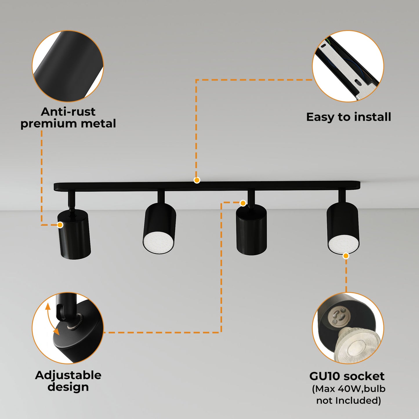 EMITTO Ceiling Spotlight Adjustable Kitchen Bar Spot Light LED GU10 No Bulbs
