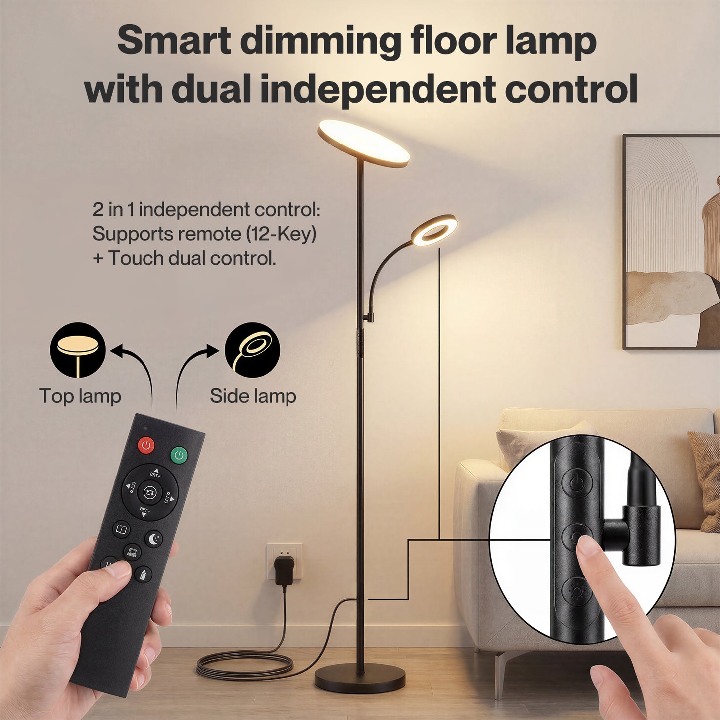 Emitto Modern Floor Lamp 2-in-1 Adjustable Reading Light Remote Control Timer