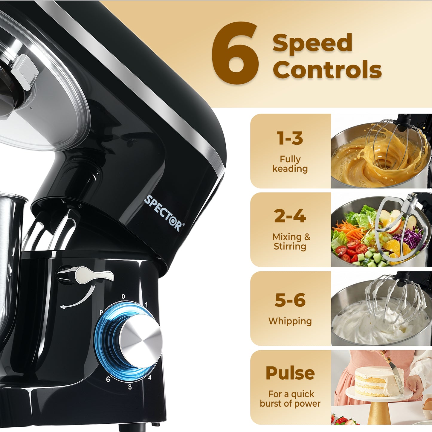 Spector Electric Stand Mixer 6.2L Stainless Steel Mixing Bowl 1400W 6 Speeds