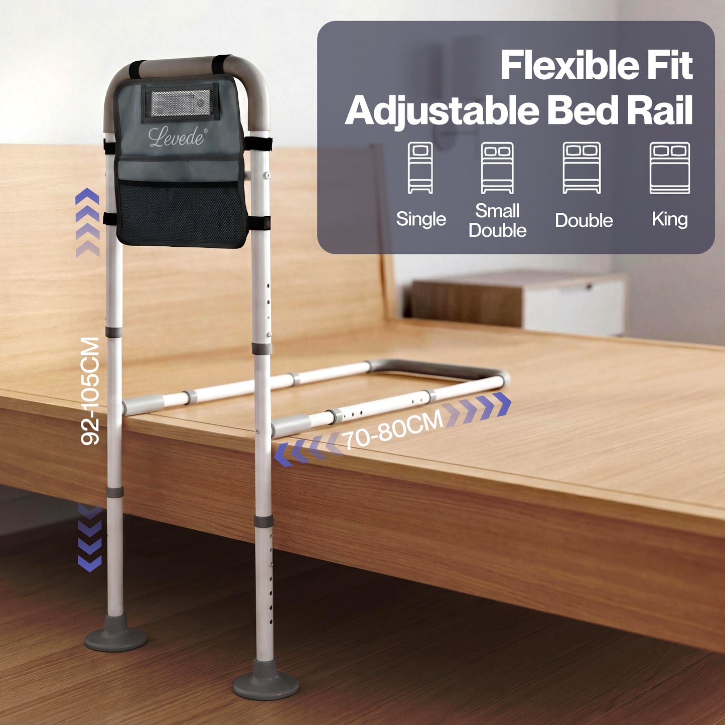 Levede Adjustable Bed Rail with LED Sensor Light Storage Pocket Bed Handle Guard