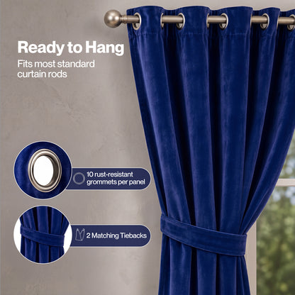Marlow Thick Thermal Blackout Curtains Velvet 66x90 Inch Eyelet Ring Top Blue