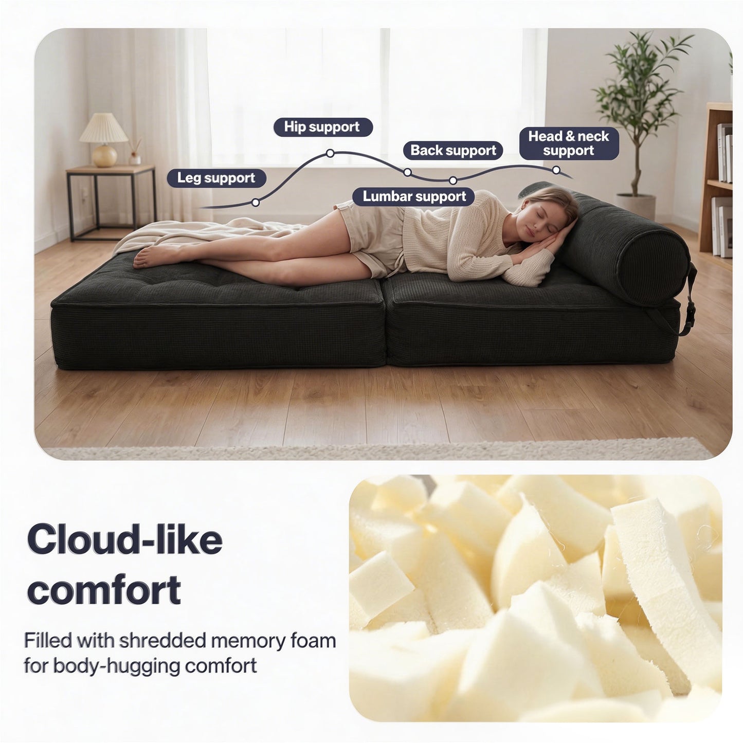 Levede Sofa Bed Convertible Foldable Floor Mattress with Head Lumbar Pillow