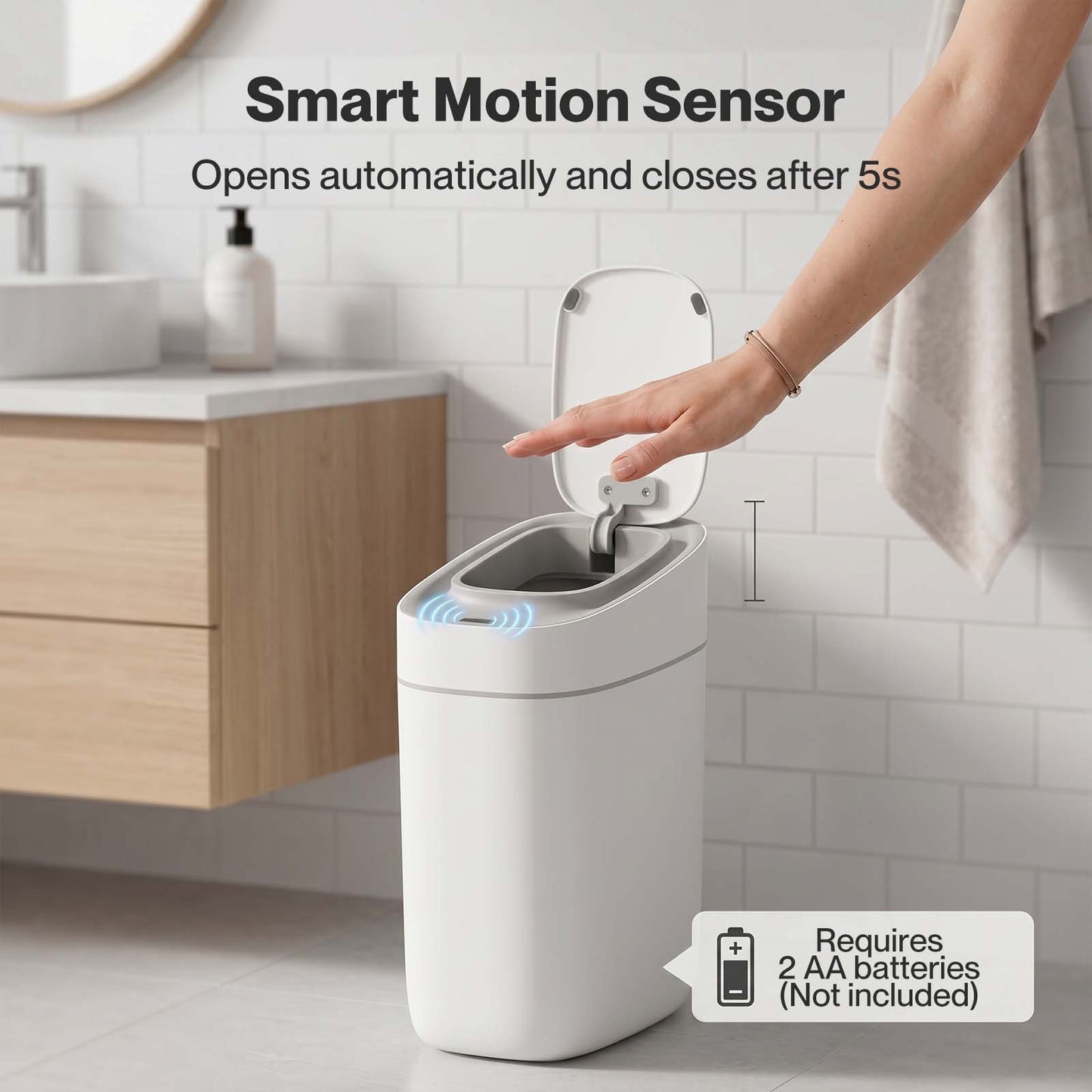 Toque Smart Trash Bin Slim Sensor Bathroom Bin With Lid Silent Open Close White