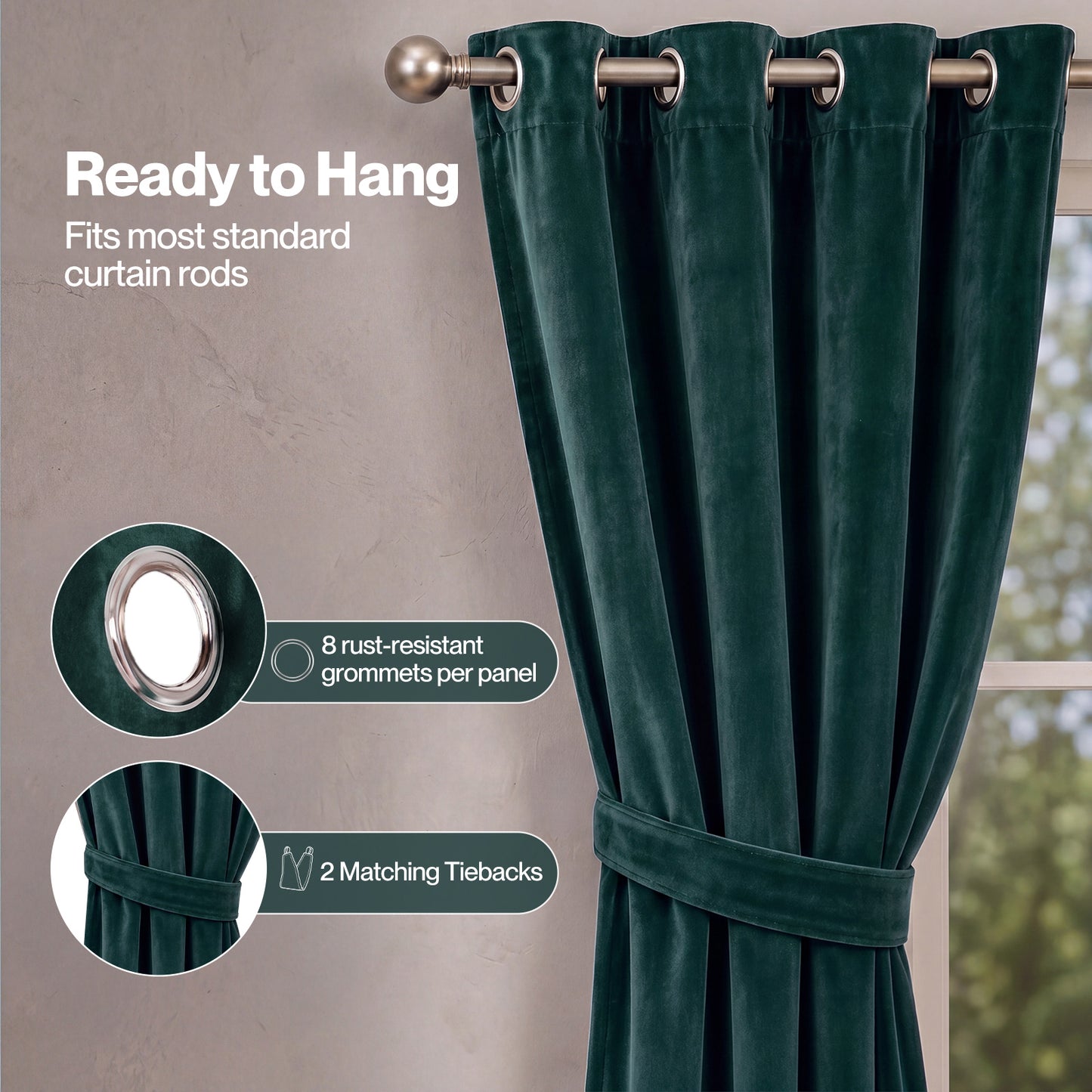 Marlow Thick Thermal Blackout Curtains Velvet 46x54 Inch Eyelet Ring Top Green