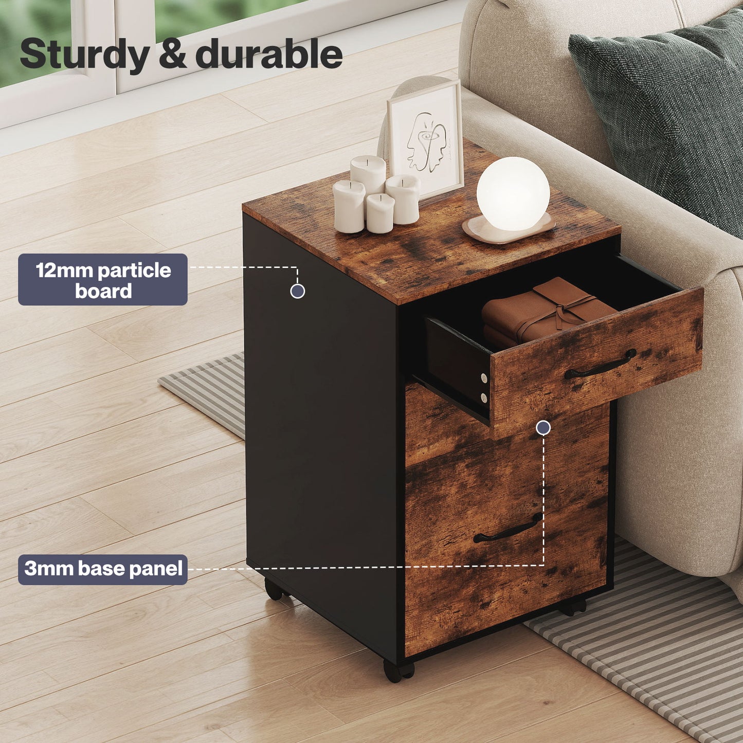 Levede File Cabinet Mobile Filing Cabinet Office with Wheels 3 Drawers Walnut