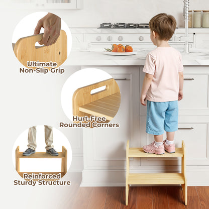 Levede Bamboo 2 Step Stool Non Slip for Potty Training Bathroom Splash Handle
