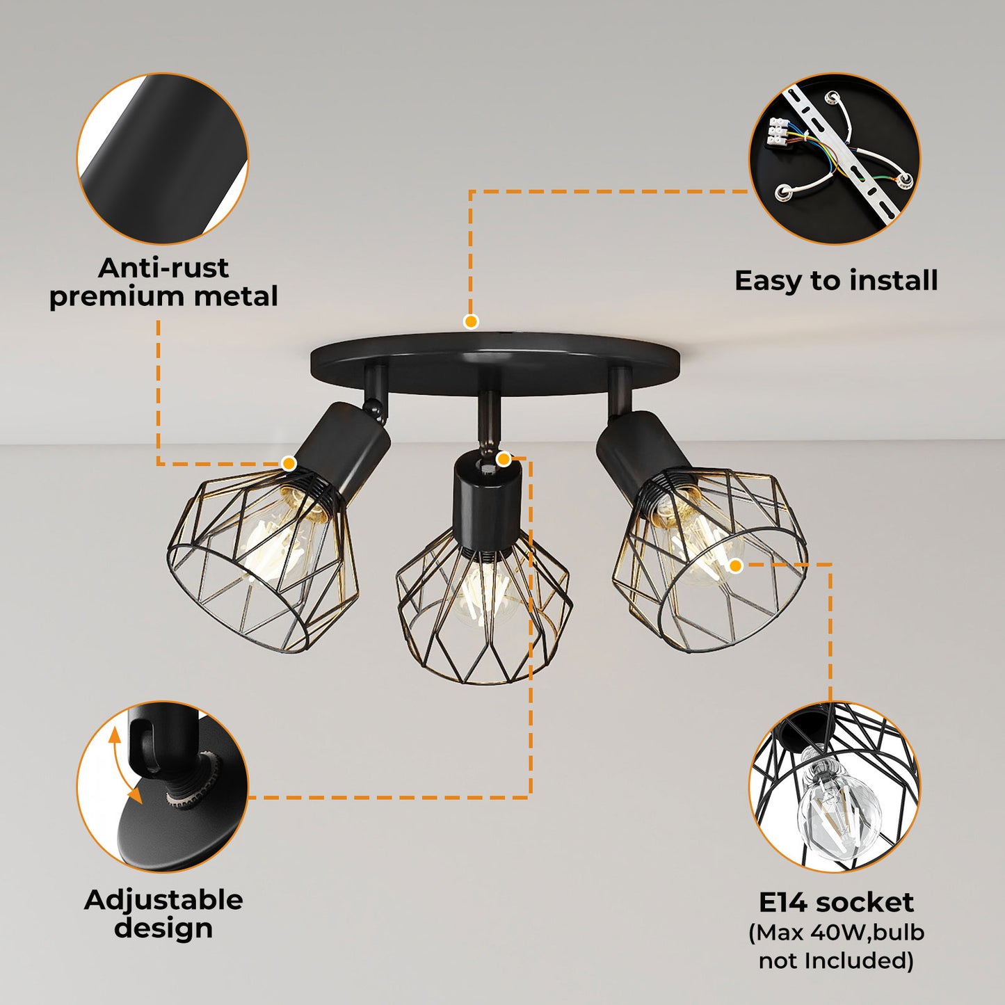 EMITTO 3-Way Spotlight Ceiling Light Adjustable Vintage Black E14 Metal Fixture