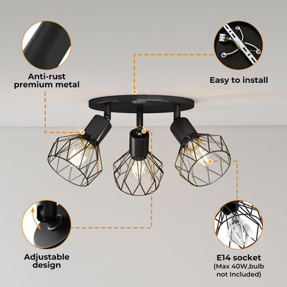 EMITTO 3-Way Spotlight Ceiling Light Adjustable Vintage Black E14 Metal Fixture