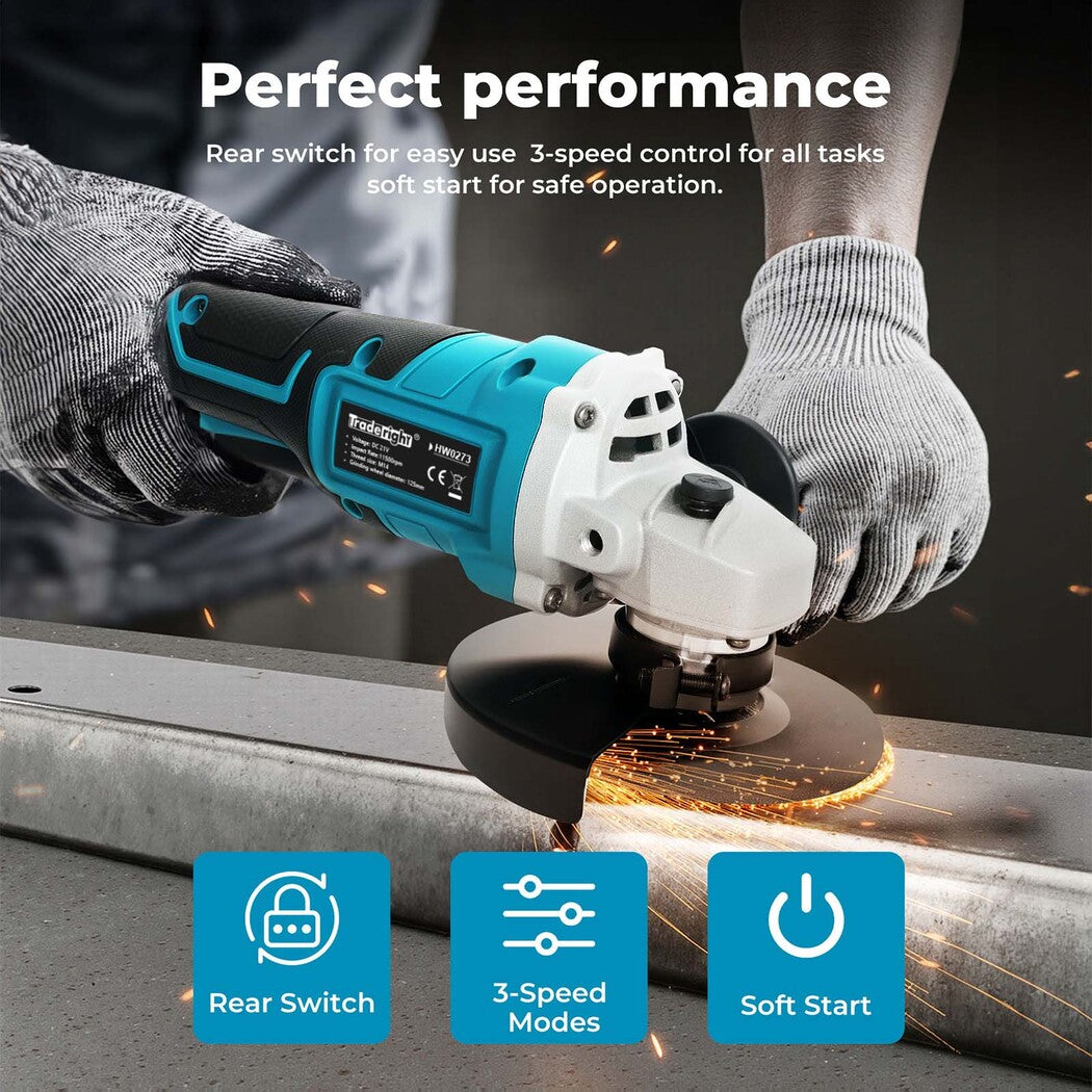 Traderight 125mm Electric Cordless Brushless Angle Grinder 21V 2x4.0Ah Battery