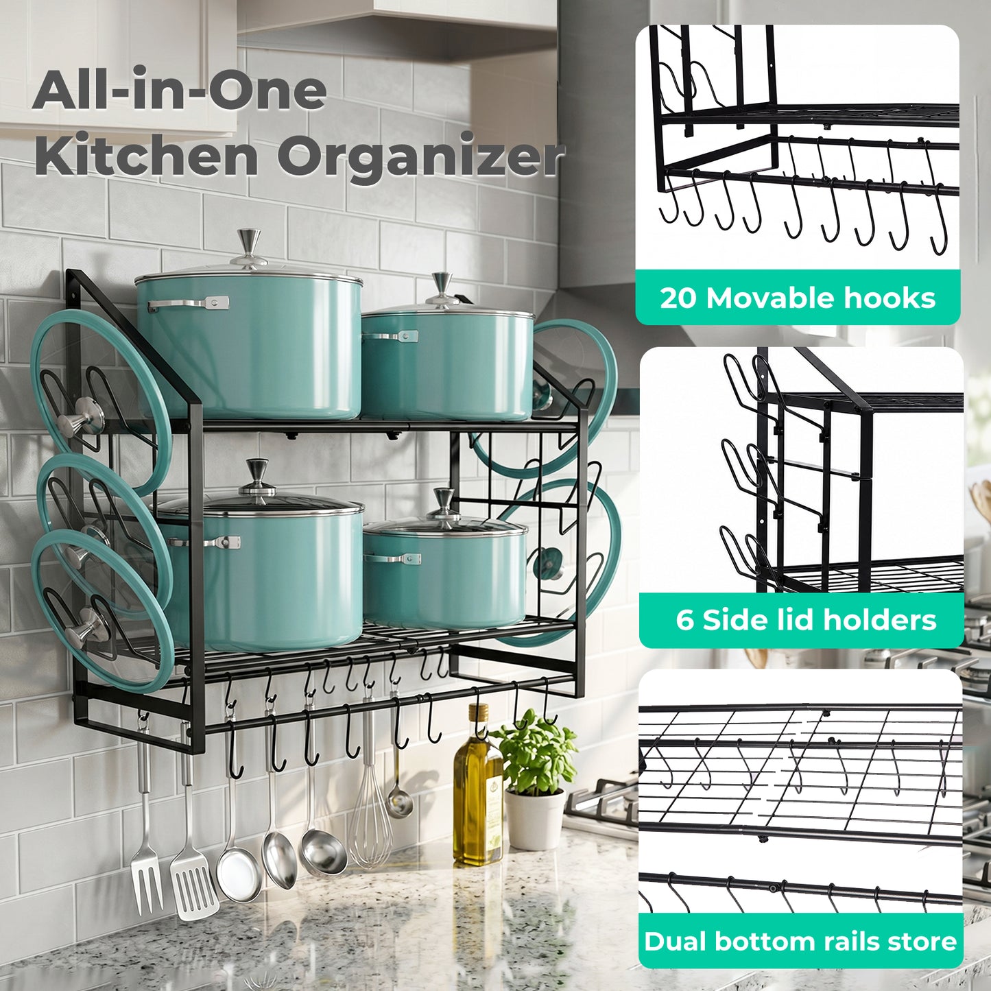 TOQUE Pot Rack Kitchen Storage Organiser Shelf Pan Rack 20 Hooks Lid Holders