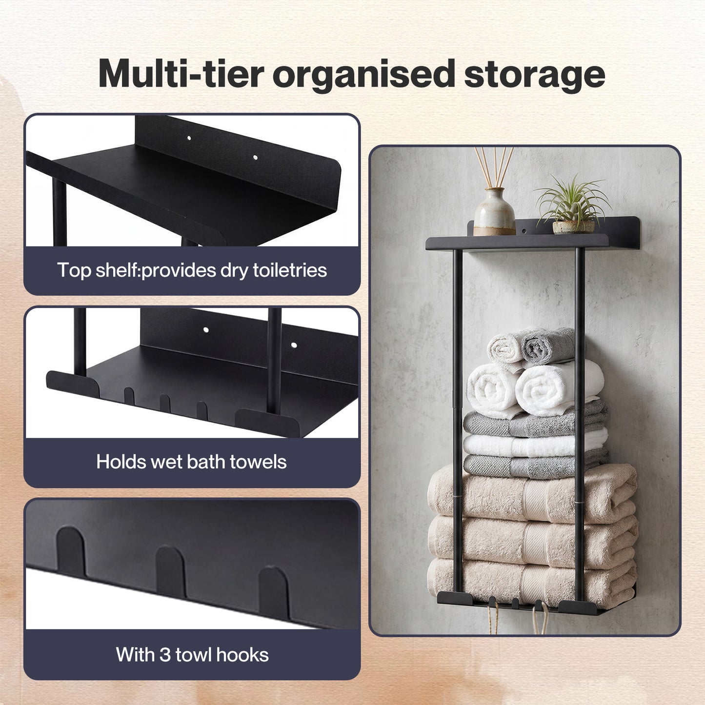 Levede Towel Rack Adjustable No Drilling Towel Holder Storage Wall Mounted Black