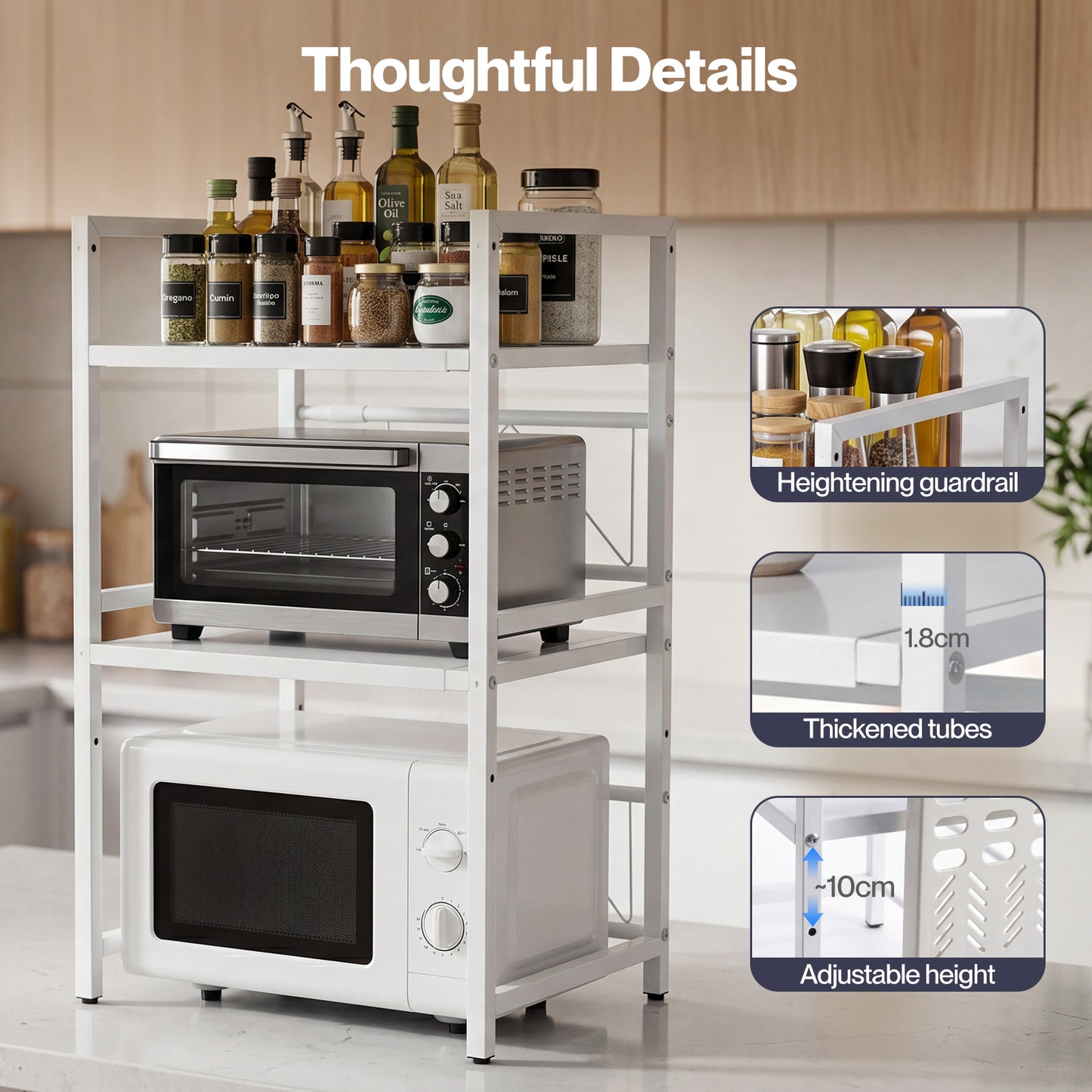 TOQUE 3 Tier Expandable Microwave Oven Rack Stand Kitchen Storage Shelf White
