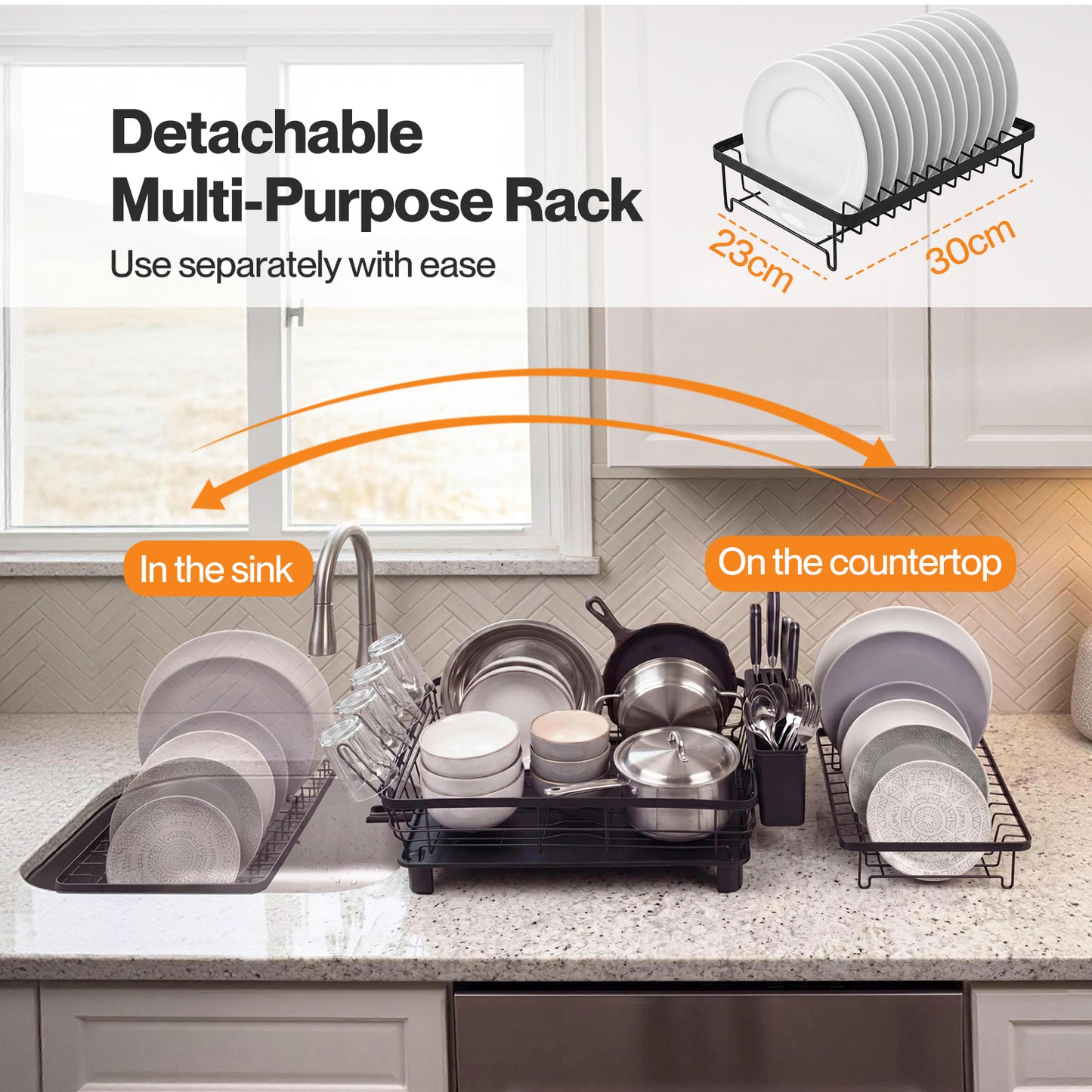 TOQUE 2 Tier Dish Drainer Rack Drip Tray Cutlery Holder Plate Rack Kitchen Sink