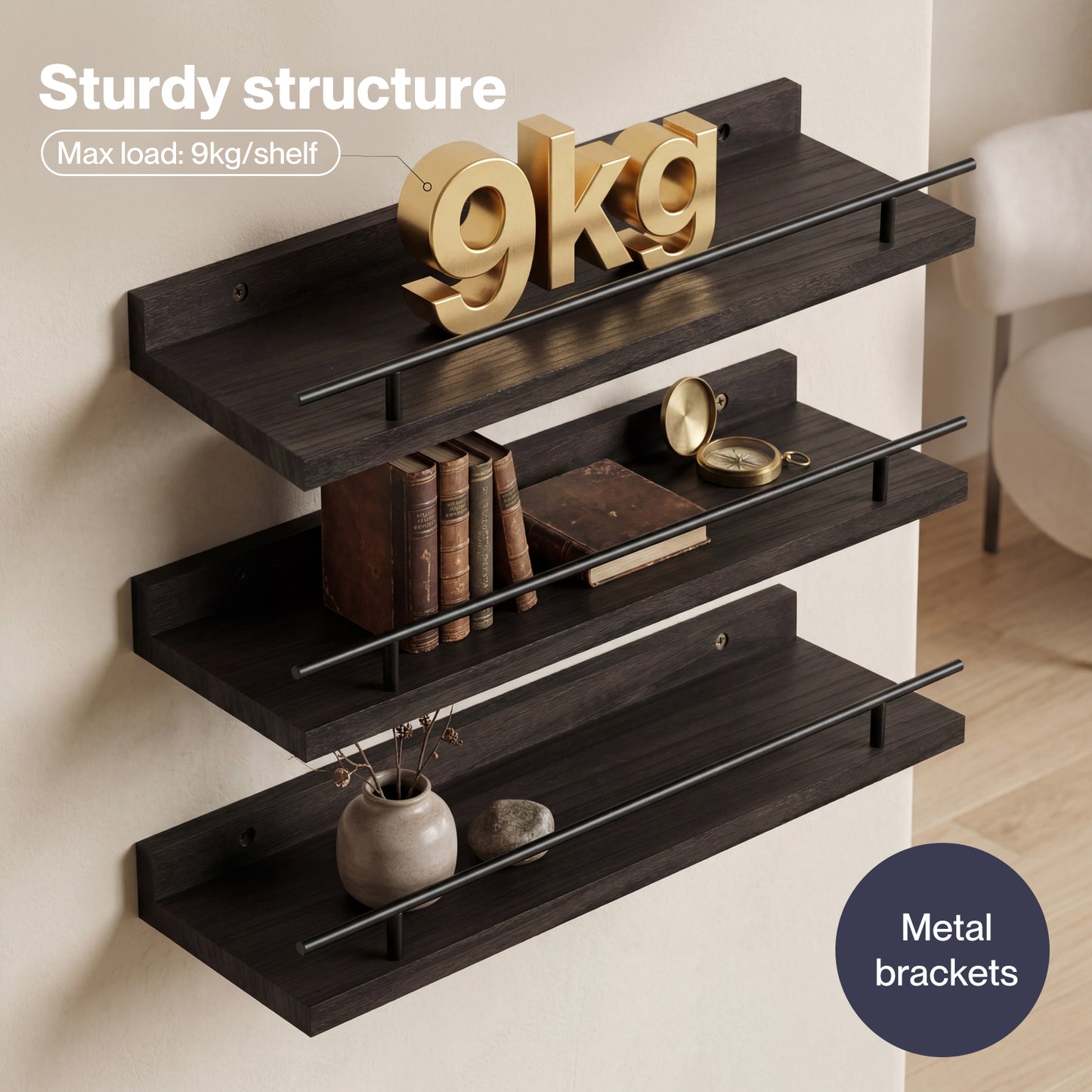 Levede Floating Shelves Set of 3 Wooden Wall Mounted Shelves Storage Black