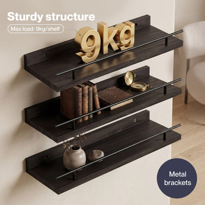 Levede Floating Shelves Set of 3 Wooden Wall Mounted Shelves Storage Black