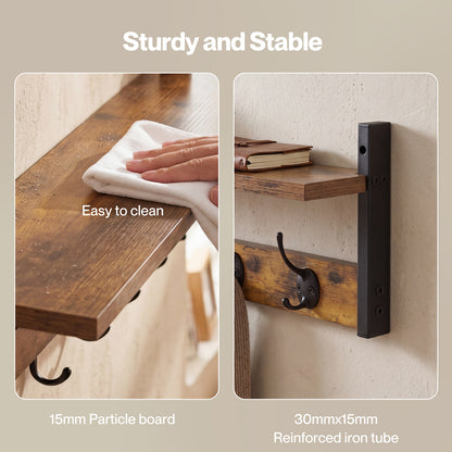 Levede Coat Rack Wall Mounted Wooden Hooks Hangers Storage Shelf 2 Pack Brown